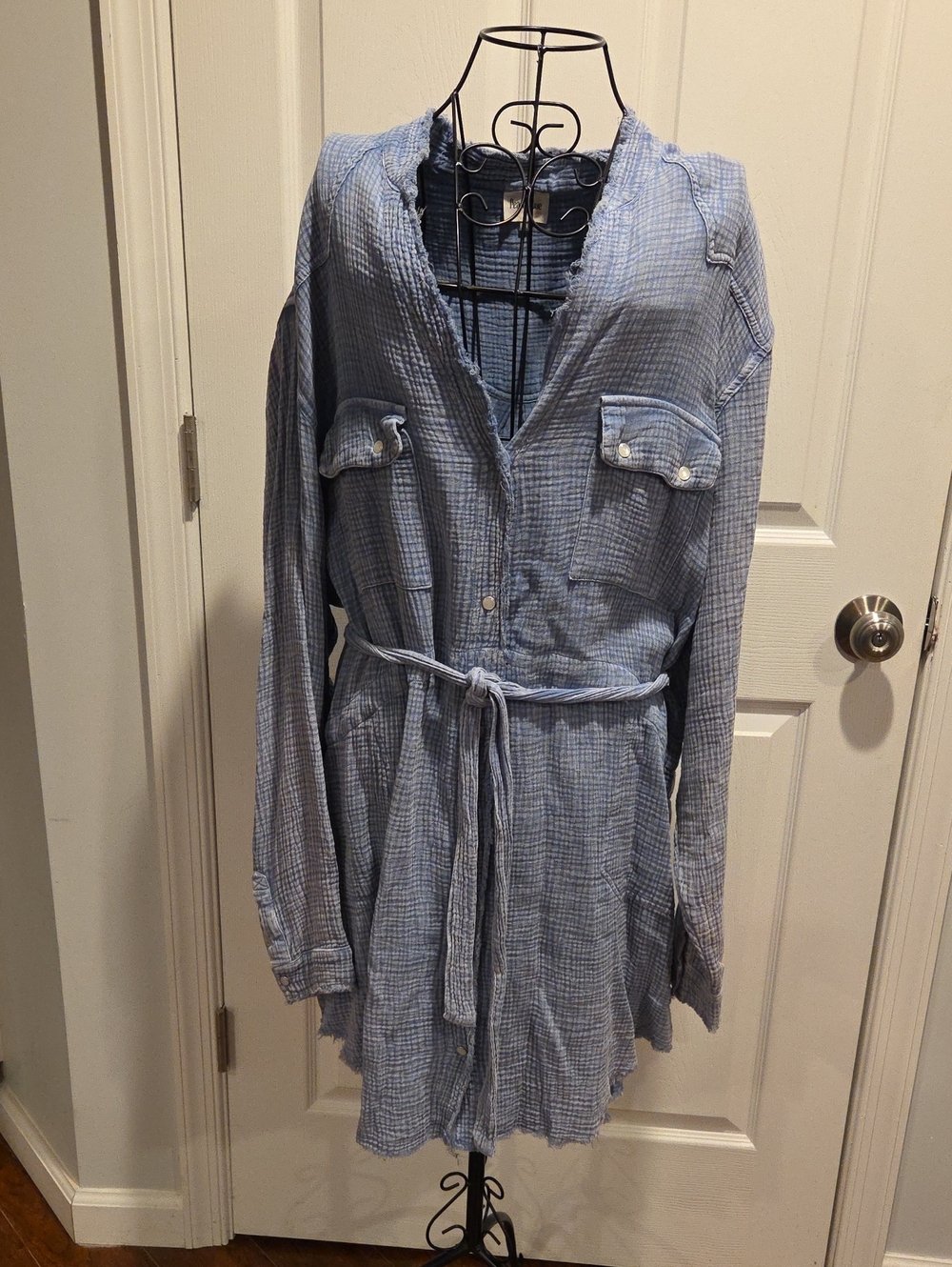 Peach Love California Soft Light Blue Belted Trench Shirt Dress